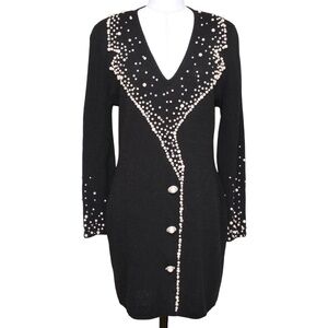 ELIZABETH New York Black Sweater Dress Pearls Sequins V Neck Long Sleeve Sz M